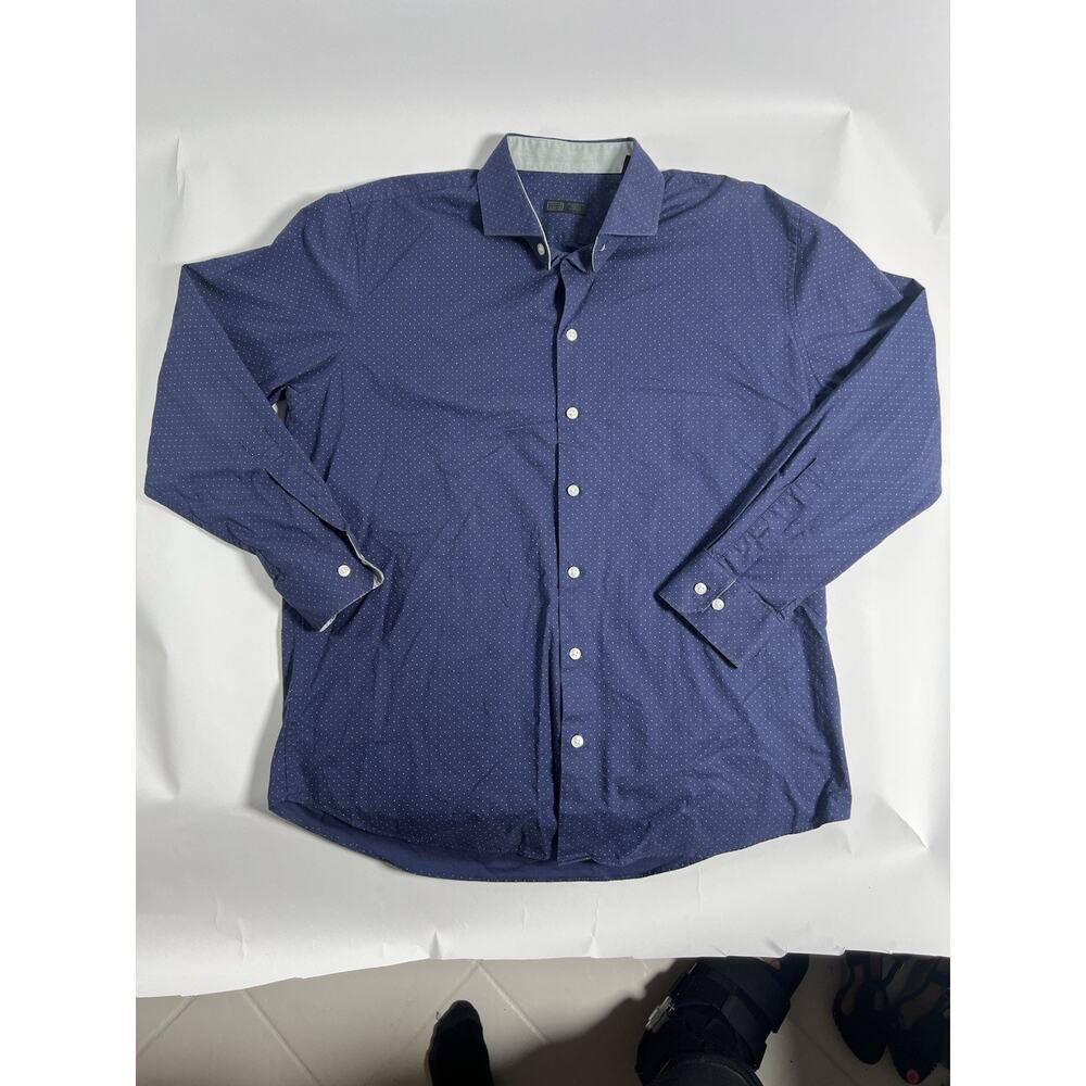 147 & Union Trim Fit Stretch Slim Blue Polka Dot 100% Cotton Dress Shirt L - Picture 1 of 7